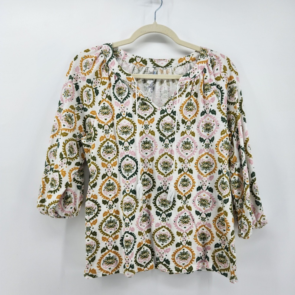 Croft & Barrow Petite Medium Multicolor Floral Print Tie‎ Neck 3/4 Sleeve Blouse